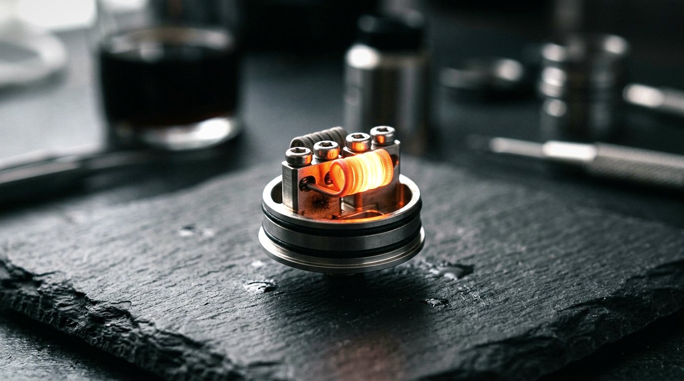 Vape coils glowing as they are fired on an RDA build deck to check for hot spots