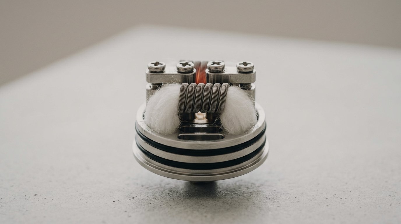 A vape coil wicked with cotton on a rebuildable atomizer build deck