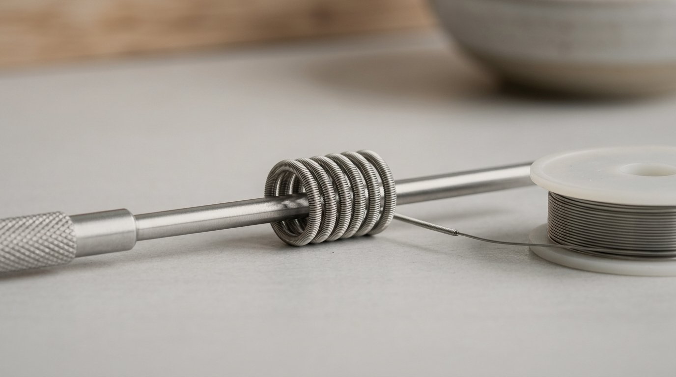 Winding a vape coil around a coiling rod, with a spool of resistance wire