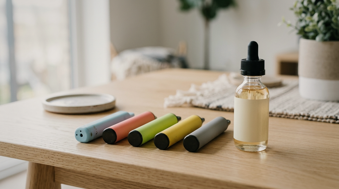 several generic disposable vapes of different colors beside a bottle of e-liquid on a clean light surface