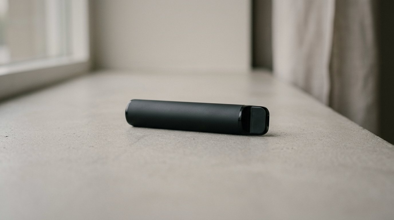a single generic black disposable vape resting on its side on a clean neutral surface