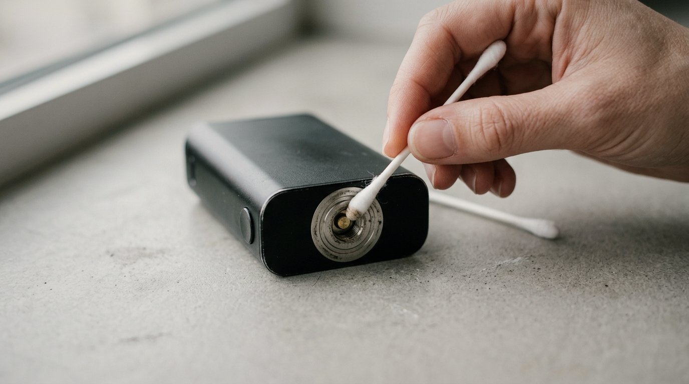 Cleaning a vape mod's 510 connection with a cotton swab