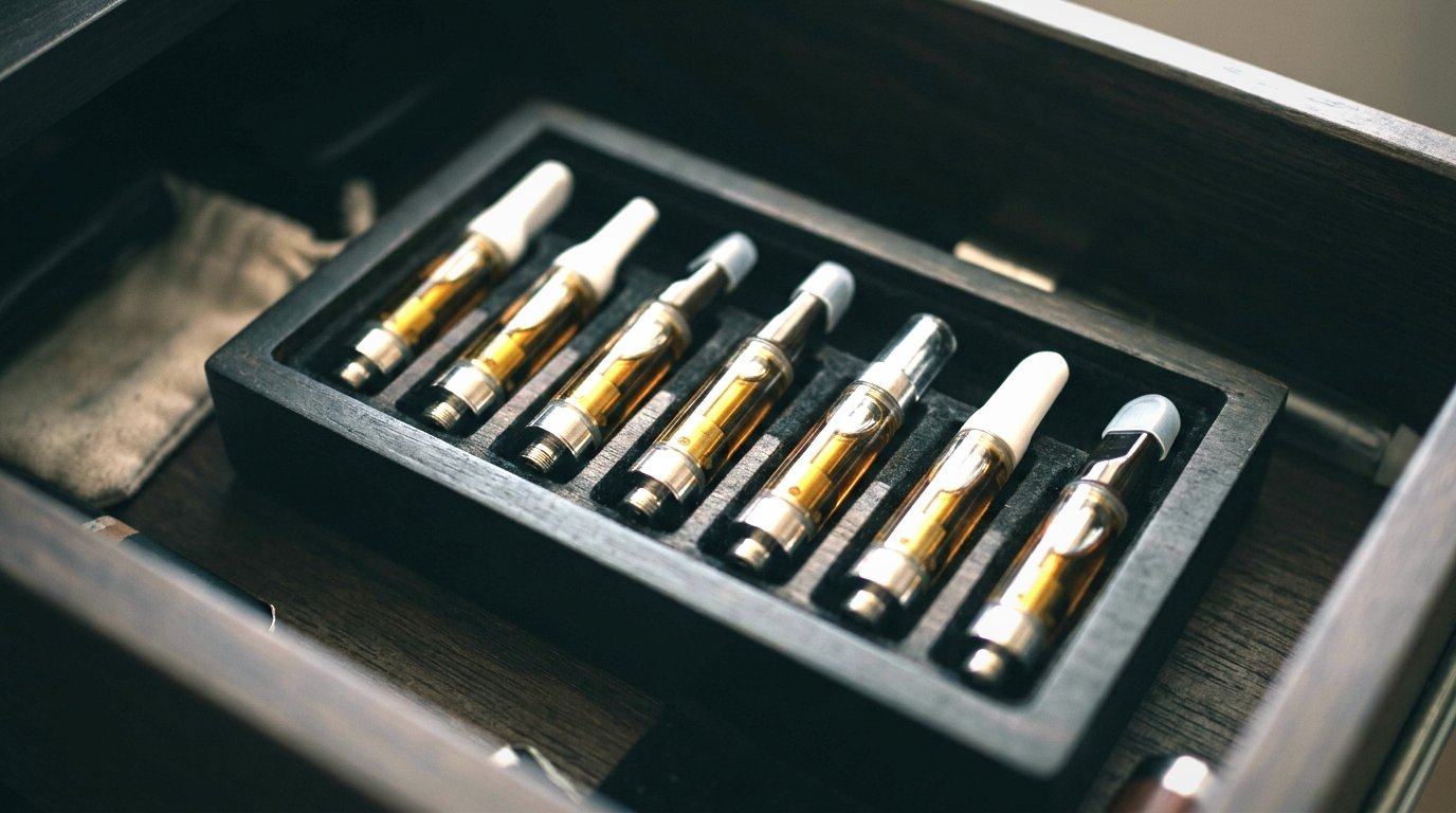 several vape oil cartridges standing upright and neatly organized inside a cool dark drawer or opaque storage